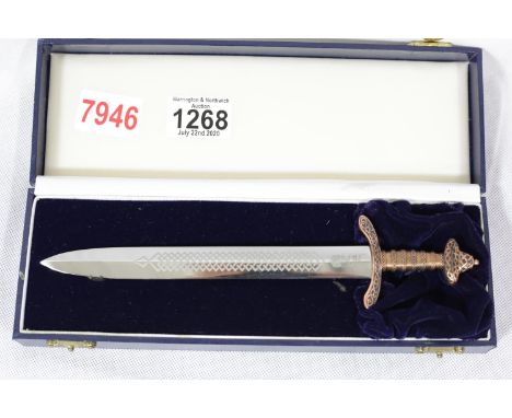 Wilkinson Sword modern boxed presentation letter opener in the form of a miniature celtic sword with copper grip, total L: 24
