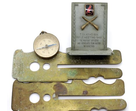 Two brass button sticks, compass and a small trophy to 7th Armed Brigade Rifle Meeting, 1948. P&amp;P Group 1 (£14+VAT for th