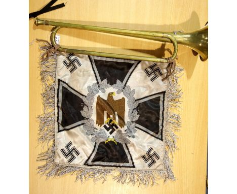 WWII type German Bugle and banner P&amp;P Group 2 (£18+VAT for the first lot and £2+VAT for subsequent lots) 