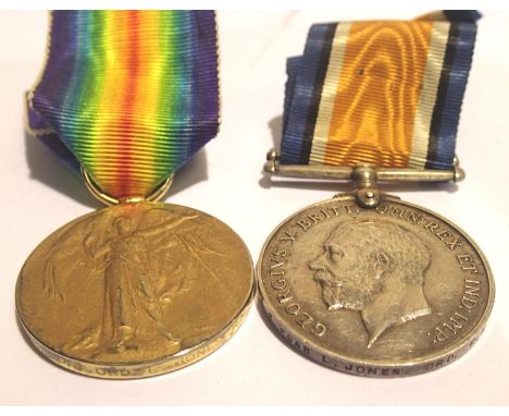British WWI medal pair comprising Victory and (later inscribed) War medals, to SS 8948 L Jones ORD RN. P&amp;P Group 1 (£14+V