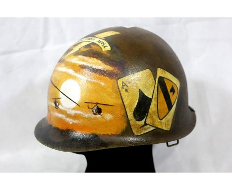 Vietnam War type USM1 helmet, found in Vietnam with post-war commemorative painting. P&amp;P Group 2 (£18+VAT for the first l