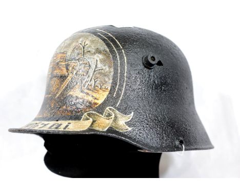 WWI type relic German M16 Stahlhelm helmet found at Cambrai France, with later commemorative painting. P&amp;P Group 2 (£18+V