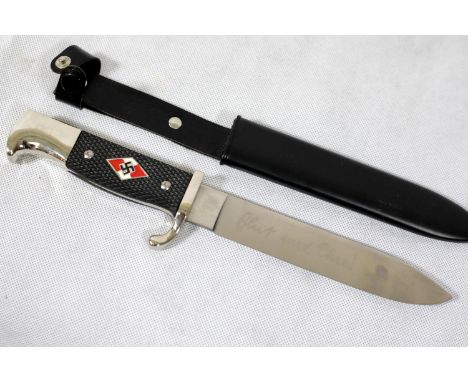 German WWII style Hitler Youth dagger and scabbard, blade L: 15 cm, total L: 28 cm. P&amp;P Group 2 (£18+VAT for the first lo