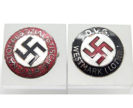 Two German WWII type enamelled party badges. P&amp;P Group 1 (£14+VAT for the first lot and £1+VAT for subsequent lots) 
