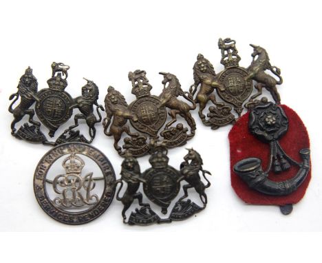 Five military cap badges and a WWI wound badge no. 54523 P&amp;P group 1 (£14 + VAT for the first lot and £1 for subsequent l
