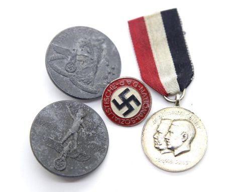 German Third Reich type Hitler / Hindenburg medal, enamelled party badge etc. P&amp;P Group 1 (£14+VAT for the first lot and 