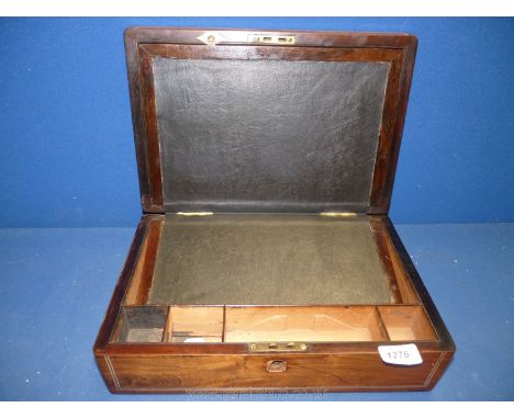 A Rosewood writing slope with mother of pearl stringing to lid, (lids to internal compartments missing and lock escutcheon al