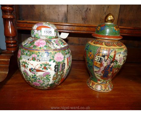 A Chinese ginger jar converted to a table lamp, with floral and gilt decoration and scenes, 8 1/2'' tall, plus another jar wi