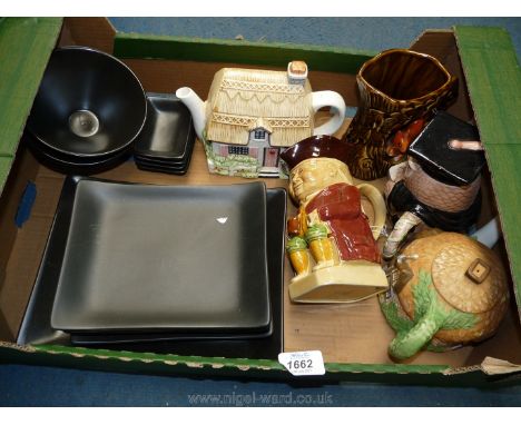 Three novelty teapots, one in the form of an owl with a 'Toby' jug and a Sylvac jug and a black ceramic Chinese dinner set.