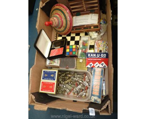 A quantity of games including chess Set with metal pieces, brass cribbage board, playing cards, etc.