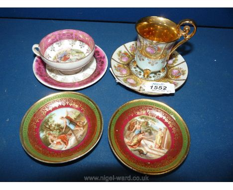 Two decorative cabinet cups and saucers in Vienna style, both early 20th Century. Together with two similar pin dishes.