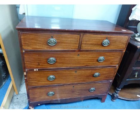 A 19th c. Mahogany Chest of three long and two short Drawers having brass back plate drop handles and standing on splayed bra
