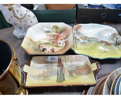Three pieces of Royal Doulton including a fox hunting four piece hors d'oeuvre dish, sandwich dish/plate with chips and Rusti