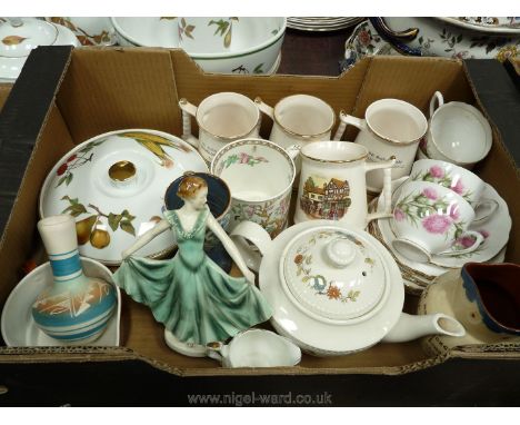 A quantity of china including Thistle pattern Colclough cups and saucers, Wedgwood Evesham lidded tureen, Poole jug, figurine