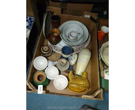 A box of mixed china to include; white marble Whitesands vase, small hen on nest, Royal Worcester Evesham dish, pottery goble
