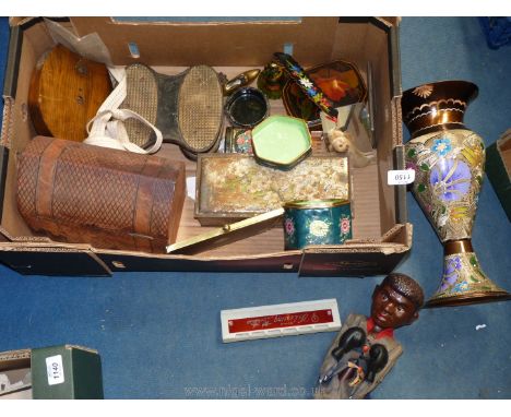 A box of miscellanea including tins, harmonica, etc.