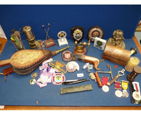 A quantity of miscellanea including a "The Crown and Sword Razor", bellows, small miners lamp, medallions, novelty nutcracker