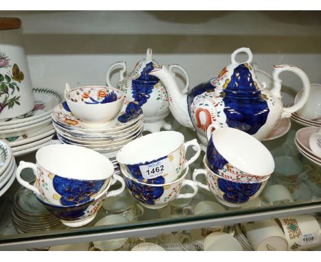 Gaudy Welsh 'Tulip' tea service, teapot (a/f.), sugar bowl, seven cups and saucers, six side plates.