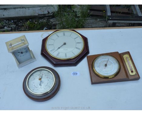 A darkwood octagonal backed quartz movement wall clock, a modern quartz movement carriage clock style mantle clock and two an