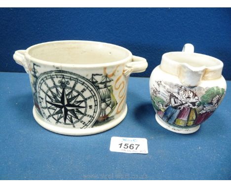 A small Sunderland lustre jug with 'The Sailor's Return' and a tobacco jar with ship and mariner's compass. Both 19th Century