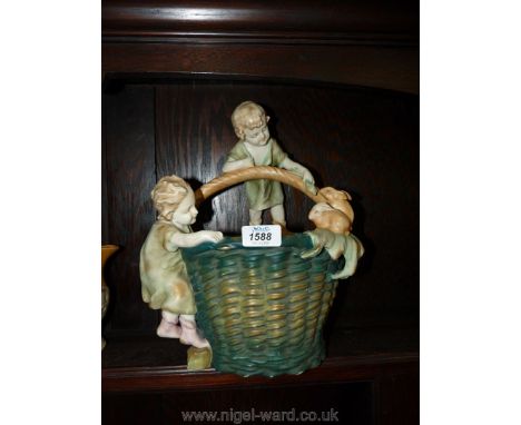 A large ceramic basket with two children playing on the handle and two rabbits, marked to base 'Imperial Amphora' but not par