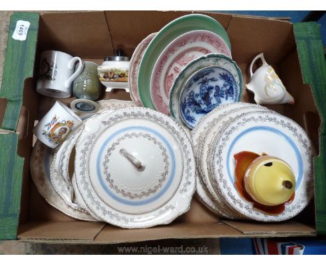 A good quantity of china including part Crown Corona dinner service, some discolouring and crazing, commemorative mugs, small