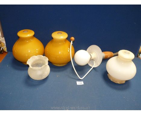 Two matching glass light shades and two odd glass lamp shades, plus a light.