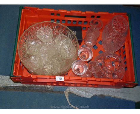 A quantity of glass including cut glass rose bowl, vase Stuart crystal 'Hamilton' pattern trinket pot, large dish, pressed gl