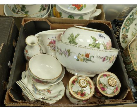 A Wedgwood bowl and Wedgwood Royal Horticultural Society item, Royal Albert Old Country Roses jam dish and lid x 2 and sugar 