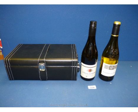 A French Wine presentation box including bottle of Cotes du Rhone 2017, bottle of Costieres De Nimes 2018, sommeliers tools a