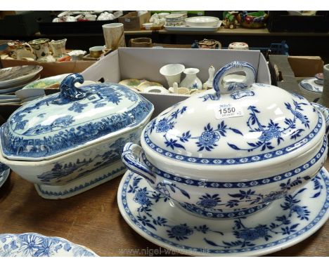 A large Minton Delft pattern soup tureen on large platter (no ladle), both with cracks and chips together with another blue a