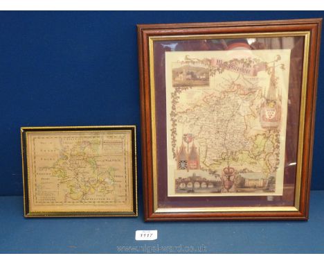 A small map of Worcestershire by John Cowley, 1744, 7'' x 5 1/4'' and a Print of Thomas Moule map of Worcestershire.