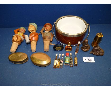 A quantity of miscellanea including novelty wooden hand carved puppet bottle stoppers, two small metal animal figures, two br