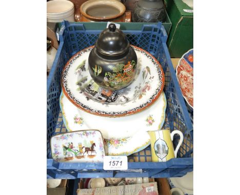A quantity of china including small Carltonware ginger jar, yellow and white Limoges jug, Royal Albert 'Chelsea Bird' platter