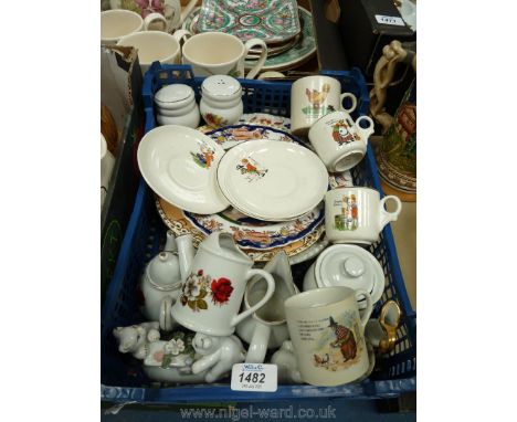A quantity of china including nursery rhyme cups and saucers, Masons ironstone plate, peach and gilt bordered plate with hand
