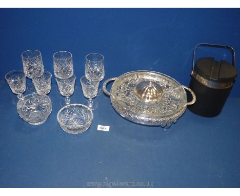 A quantity of glass including hors d'oeuvres platter with white metal lid, four Webb cut glass sherry glasses, bowls, ice buc