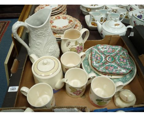 A quantity of china including four Wedgwood 'Sarah's garden' mugs and matching teapot and jug, Portmeirion large white emboss