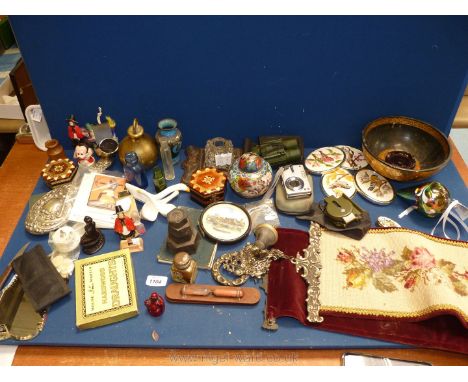 A quantity of miscellanea including souvenir egg timers, large brass weight, cloisonne jar and vase, papier mache bowl, pocke