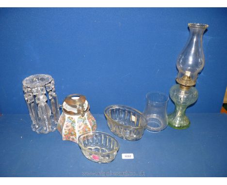 A small quantity of glass including a lustre with droppers, oil lamp, two jelly moulds, floral shade etc.