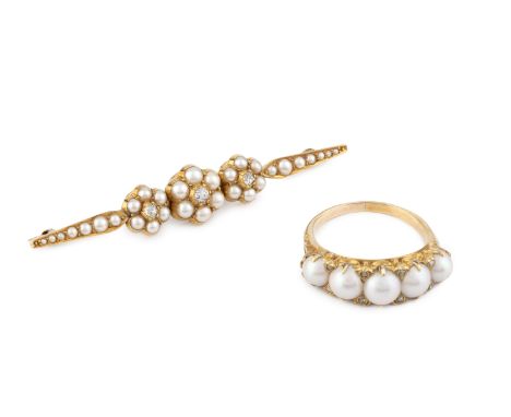 A half pearl and diamond bar brooch, centred with a trio of diamond and half pearl clusters, to a tapered half pearl bar, tog