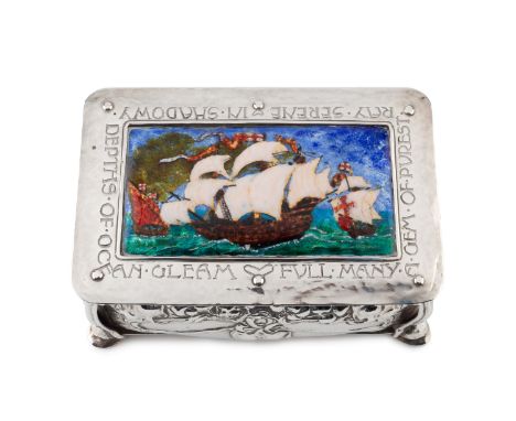 An Arts & Crafts silver and enamel box by Omar Ramsden & Alwyn Carr, the lid with enamel panel depicting galleons at sea with