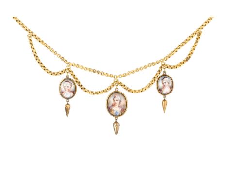 A fringe necklace, designed as a trio of oval panels, each a painted porcelain portrait miniature with glazed compartment ver
