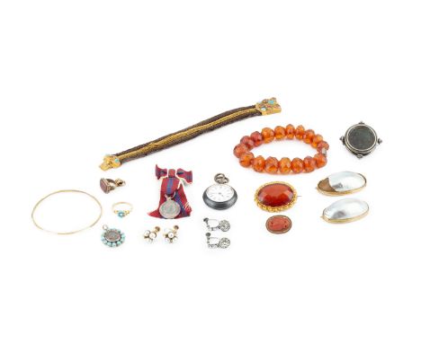 A collection of antique and later jewellery, comprising a Victorian coral brooch, relief carved with an owl, a 19th century p