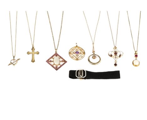 A collection of jewellery, comprising two opal and red stone pendants on chains, two gem set openwork pendants, a 9ct gold cr