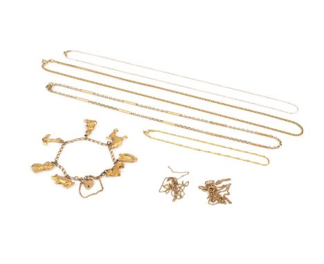 A 9ct gold curb-link bracelet, suspending assorted charms, together with a 9ct gold baton link chain, and various other chain
