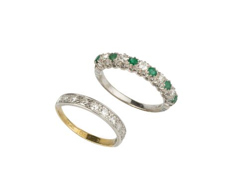 An emerald and diamond half hoop ring, white precious metal mounted, stamped '18CT', and a similar diamond half hoop ring, ha