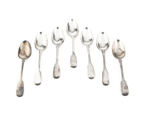 Seven early Victorian silver fiddle pattern table spoons, mainly by John &amp; Henry Lias, London 1848, and a quantity of fur