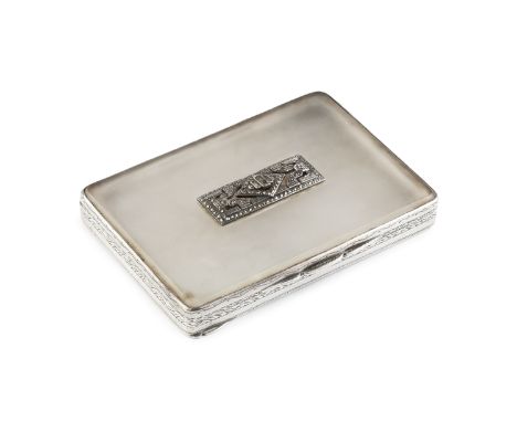 A silver and hardstone rectangular box, the chalcedony style hinged cover with applied stepped marcasite set plaque, and havi