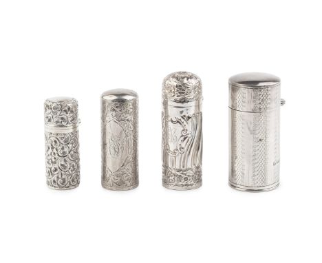 A late Victorian silver cylindrical scent bottle, embossed with scrolling foliage, by George Watts, Chester 1896, 5.5cm high,