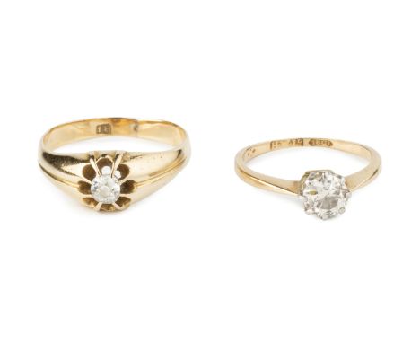 A diamond single stone ring, the old brilliant-cut diamond in claw setting, stamped '18CT', and a diamond single stone gypsy 